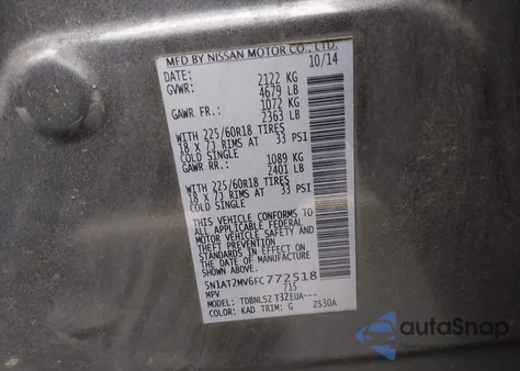 2015 Nissan Rogue Sl z USA, uszkodzony, nr VIN 5N1AT2MV6FC772518